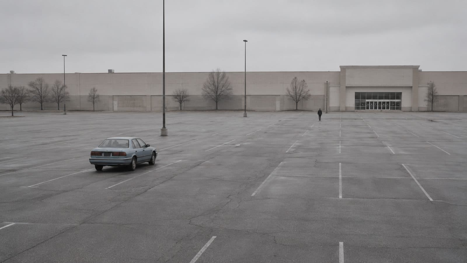 An older sedan parked at the far edge of an empty lot on an overcast morning, the store entrance visible in the distance.